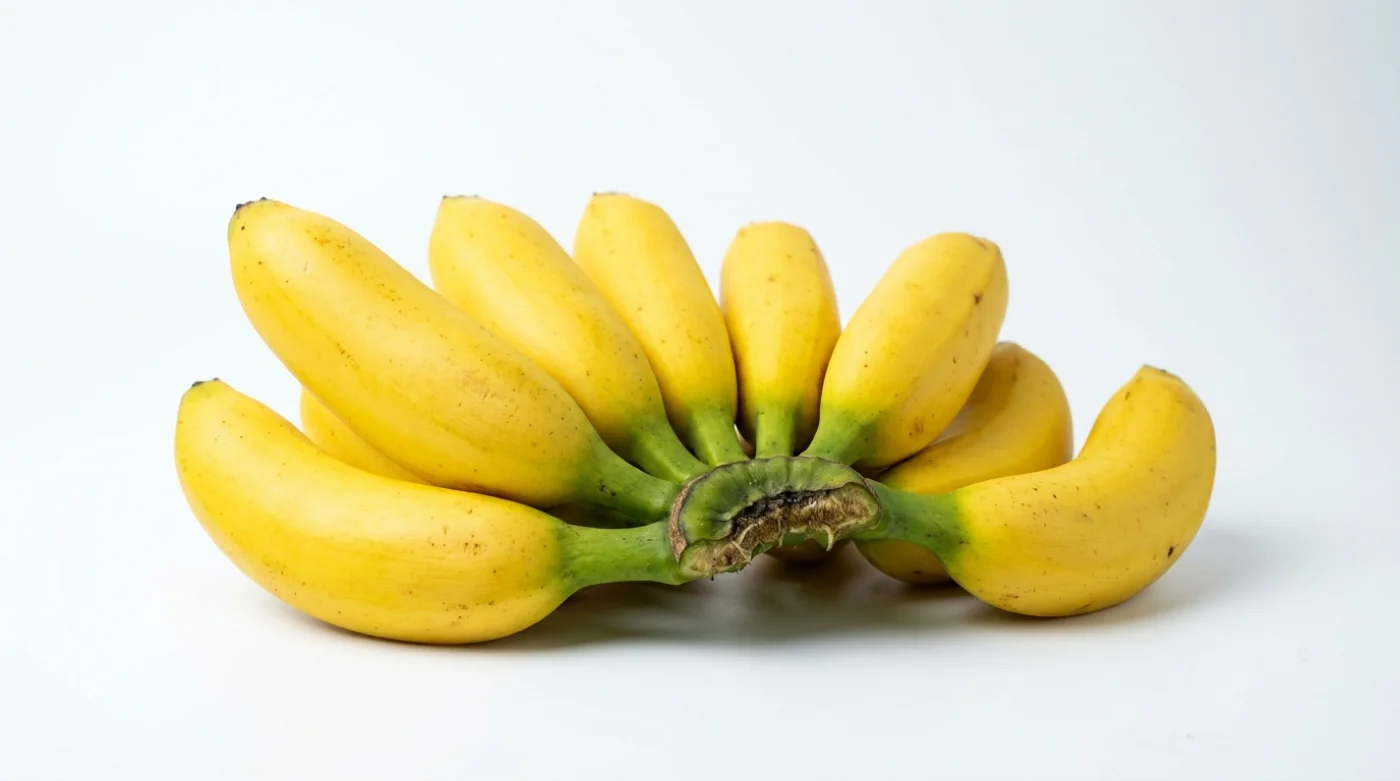 Świeży pęk bananów ułożony na białym tle. Banany są żółte i wyglądają apetycznie.