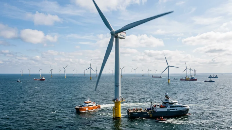 Duża turbina wiatrowa na pierwszym planie nad morzem, obok niej pływa statek serwisowy obsługujący farmę morską. W tle widoczne są kolejne turbiny i horyzont z chmurami.
