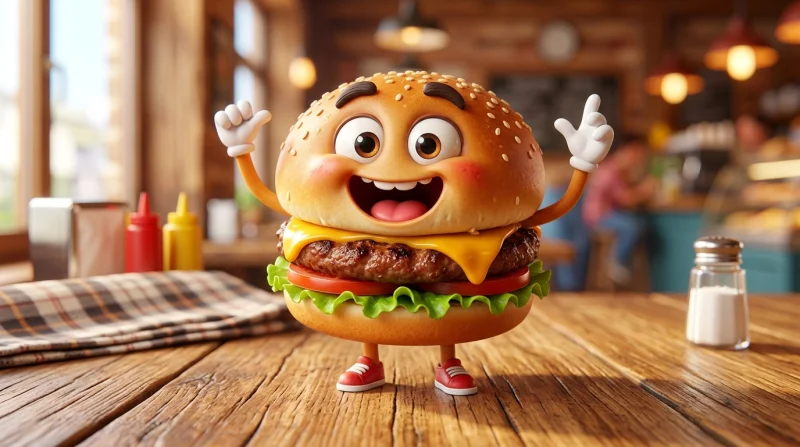 Uśmiechnięty, kreskówkowy hamburger z oczami i ustami stoi na drewnianym stole, sugerując zabawny i przyjazny sposób prezentacji jedzenia.