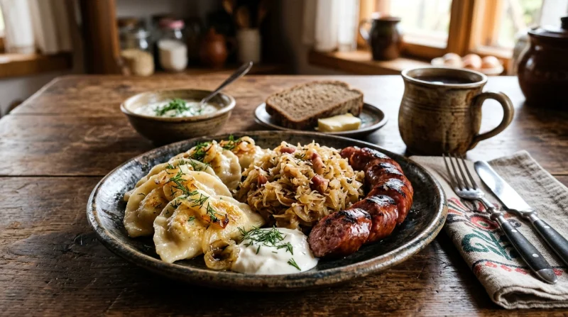Talerz z tradycyjnym polskim obiadem składającym się z pierogów, podsmażonej kapusty i kawałka kiełbasy.