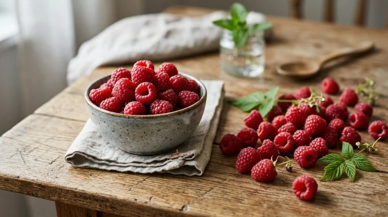 Miska świeżych malin i borówek na drewnianym stole w naturalnym świetle