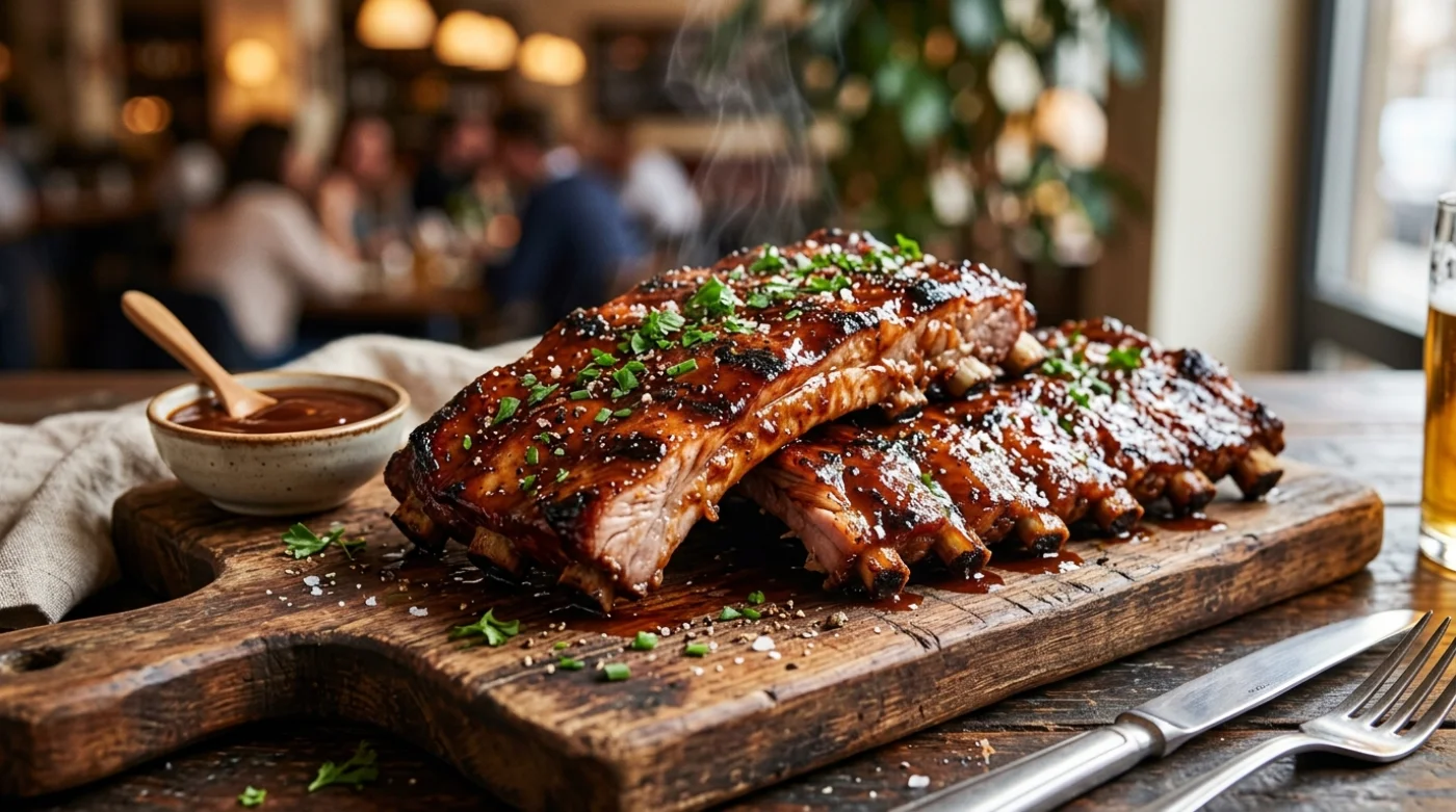 Soczyste i apetyczne żeberka wieprzowe z glazurą, podane na drewnianej desce obok sosu BBQ.