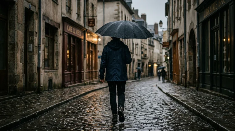 Ulica w deszczu z przechodniem trzymającym parasol