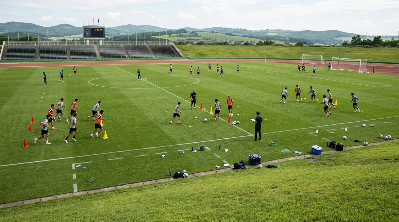 Grupa piłkarzy trenujących piłkę nożną na zielonym boisku sportowym podczas meczu treningowego.