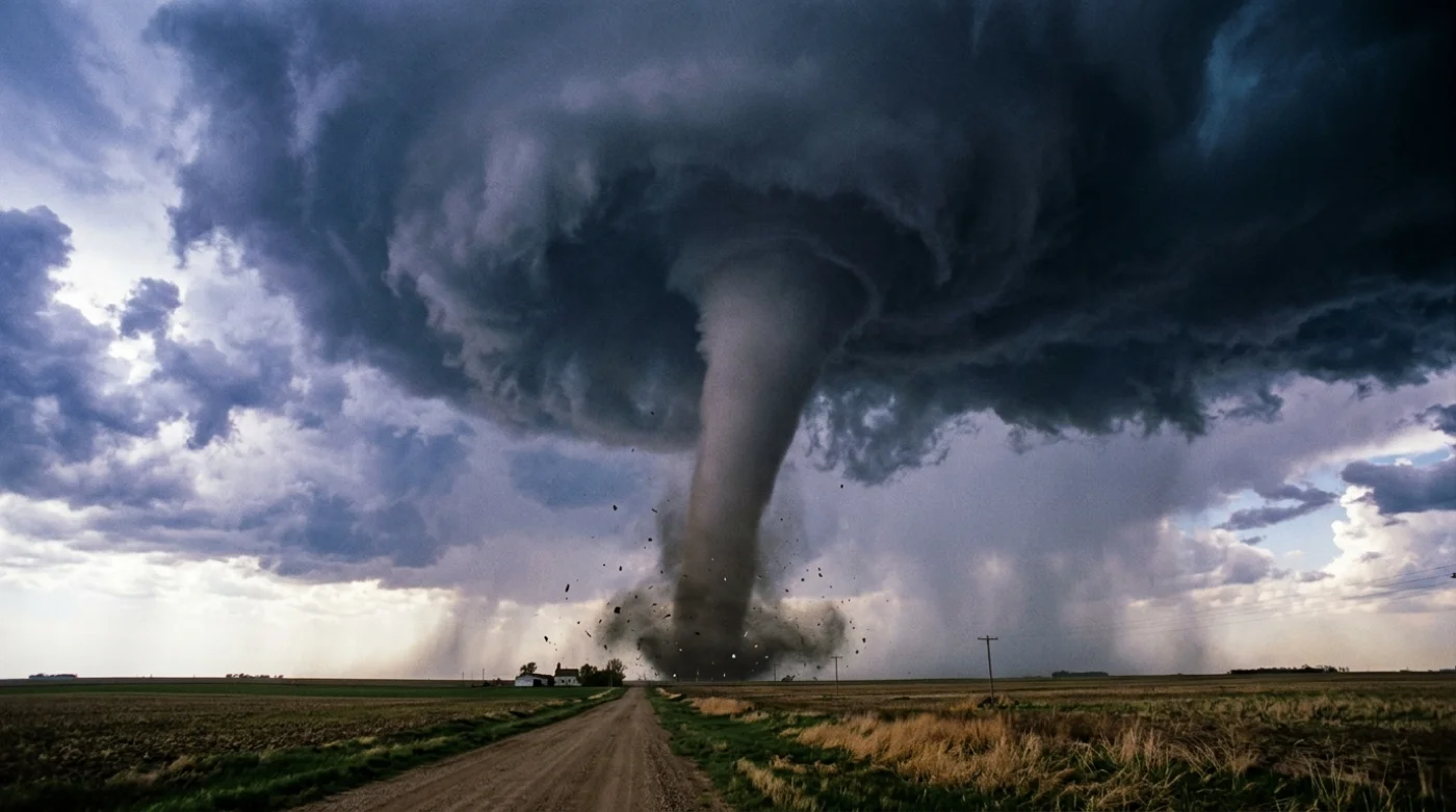 Potężne chmury burzowe i widoczny w nich pionowy strumień powietrza, prawdopodobnie trąba powietrzna lub silne tornado, nad rozległym polem.