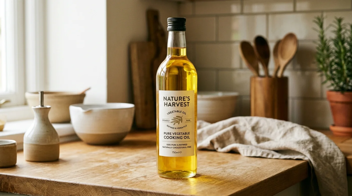 Butelka oleju roślinnego Nature's Harvest na drewnianym blacie obok białej misy i szarej ściereczki