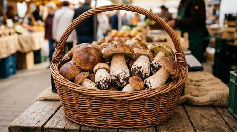 Duży wiklinowy kosz wypełniony różnorodnymi świeżymi grzybami, takimi jak borowiki i pieczarki, na drewnianym stole.