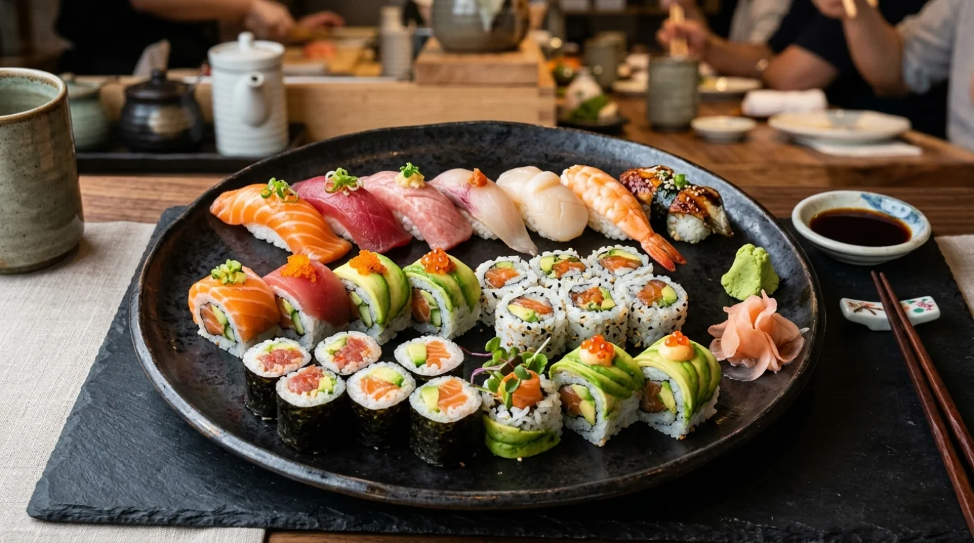 Misja pełna różnorodnych rodzajów sushi i przystawek na ciemnej paterze