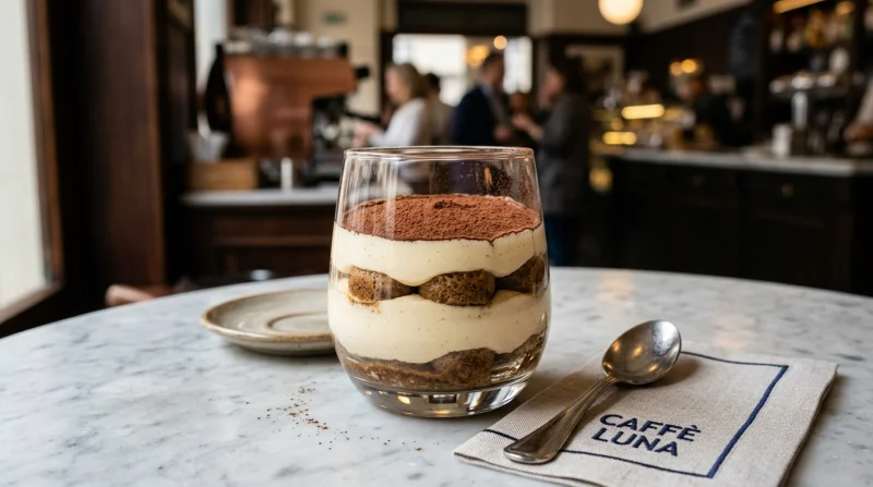 Porcja tiramisu w szklance na białym marmurowym blacie. Deser składa się z warstw kremu mascarpone i ciasta biszkoptowego, posypany kakao.