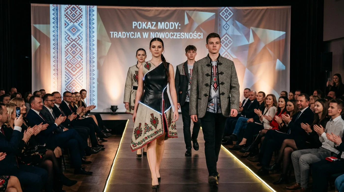 Uczniowie prezentują na pokazie modowym kolekcję łączącą tradycyjne wzory krawiectwa z nowoczesnymi elementami projektowymi.