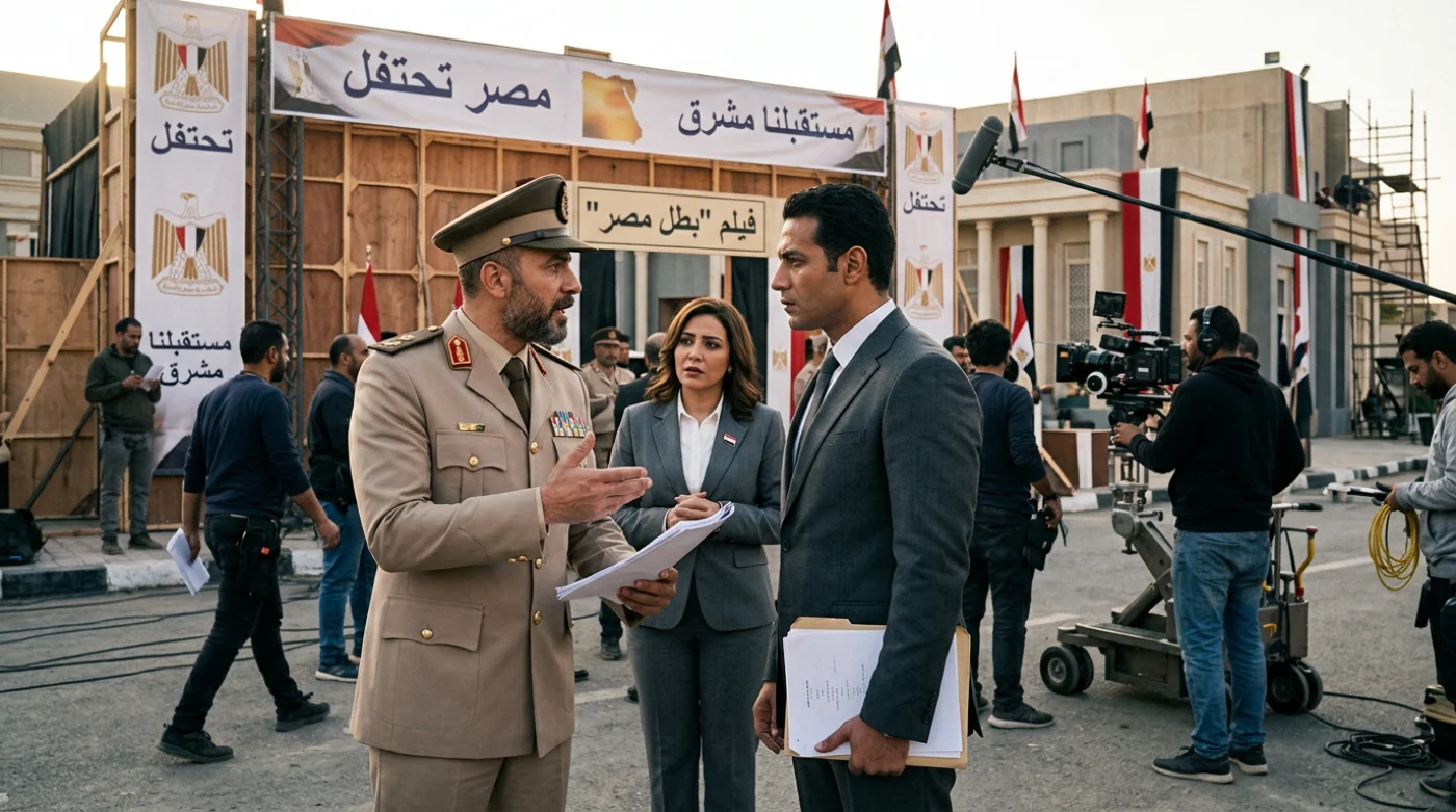 Scena z planu filmowego przedstawiająca grupę ludzi, w tym mężczyzn i kobiety, podczas wydarzenia związanego z obchodami Mesra Tahtafel (Egypt).