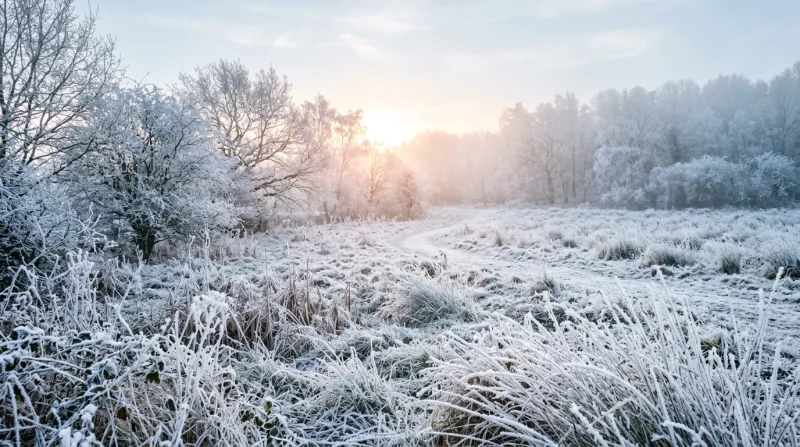 Mroźny poranek z widokiem na pole porośnięte szronem i przykryte śniegiem, otoczone drzewami.