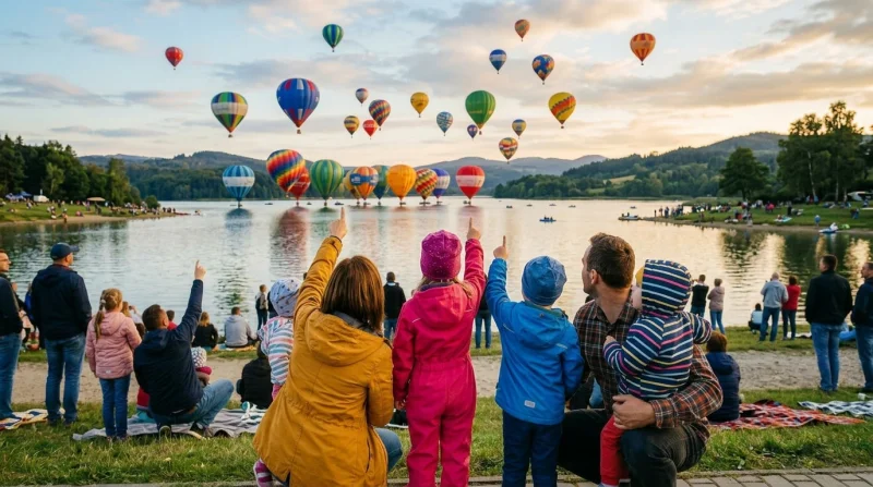 Wiele kolorowych balonów latających nad spokojnym jeziorem o wschodzie słońca.