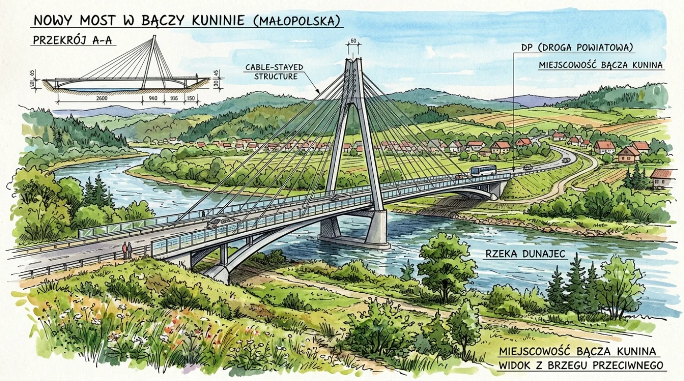 Szkic nowego mostu bacza nad rzeką Dunajec w miejscowości Bacza Kunina, przedstawiający konstrukcję o charakterze nowoczesnego wiaduktu.