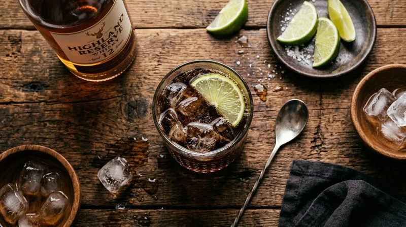Szklanka whisky z limonką i plasterkami cytryny, podana na drewnianej desce z lodem.