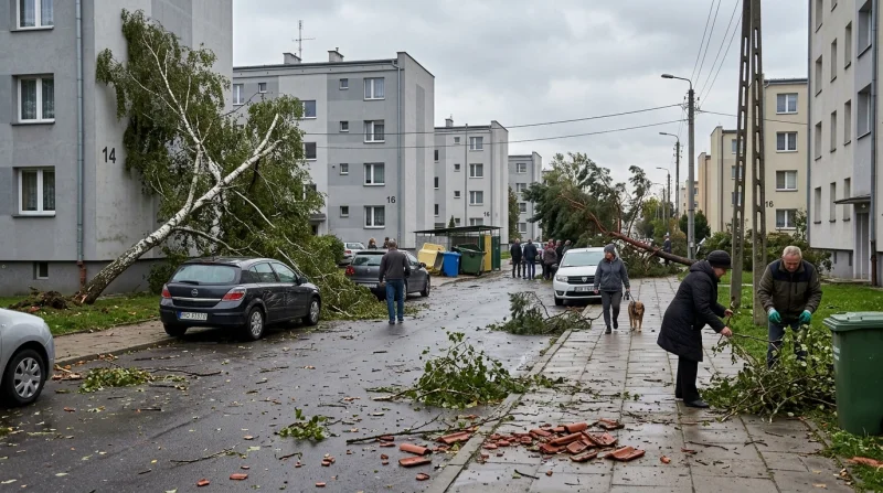 Ulica z uszkodzeniami po wichurze; na pierwszym planie widoczne są porozrzucane gałęzie i śmieci, a w tle stoi samochód oraz budynki mieszkalne.