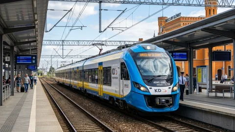 Nowoczesny skład kolejowy typu Impuls jadący po torach na stacji kolejowej w słoneczny dzień.