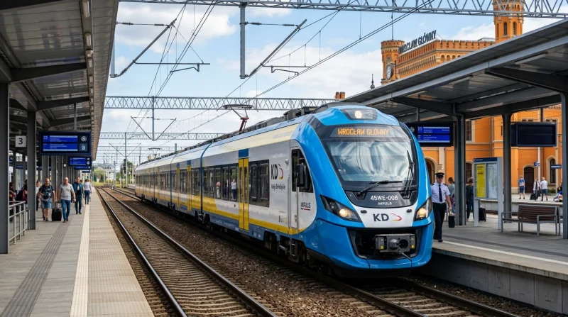 Nowoczesny skład kolejowy typu Impuls jadący po torach na stacji kolejowej w słoneczny dzień.