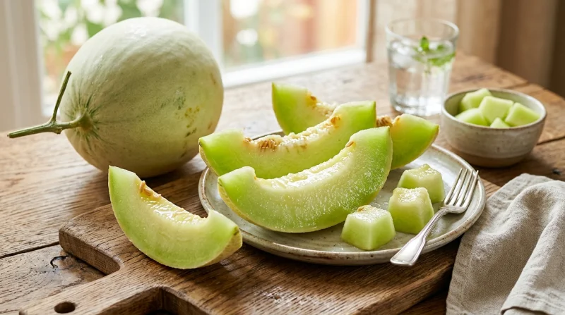Świeże plastry i cała melonowa dynia na drewnianej desce. Melon jest idealny na zdrowy deser lub przekąskę w ciepłe dni.
