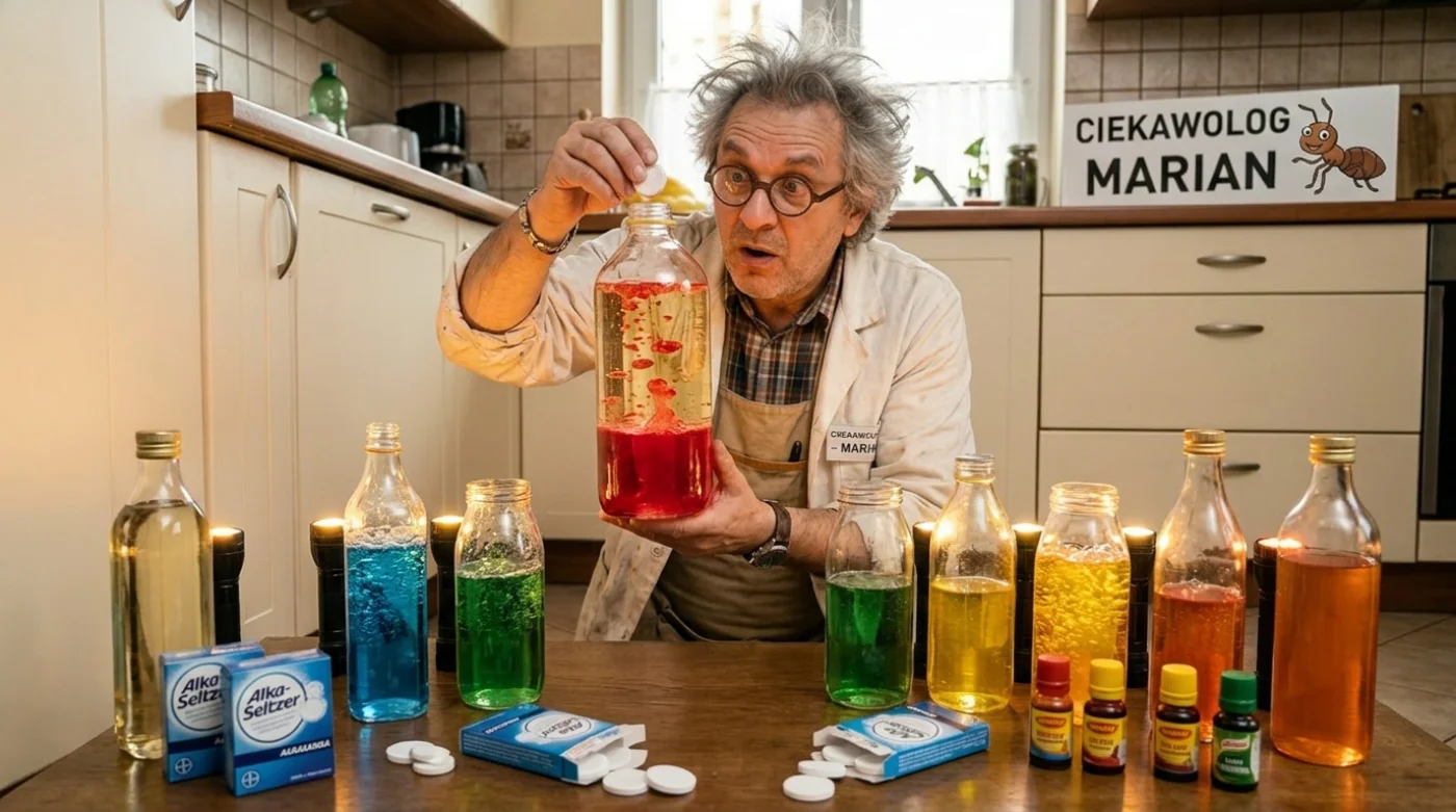 Ciekawolog Marian demonstruje chemiczny eksperyment w laboratorium, mieszając płyny i tabletki w kolbie.