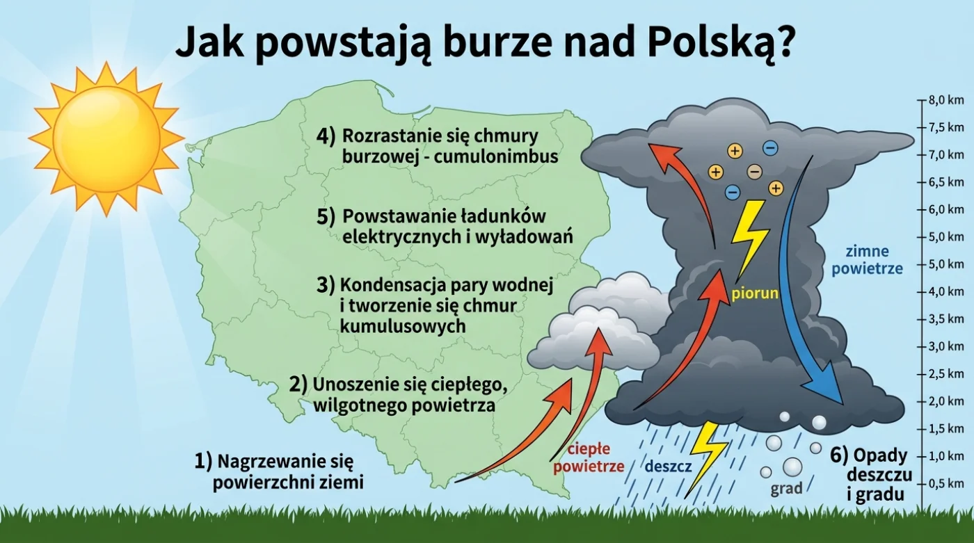 Schemat przedstawiający proces powstawania burzy nad Polską, pokazujący etapy od nagrzewania się powierzchni ziemi po opady deszczu i grad.