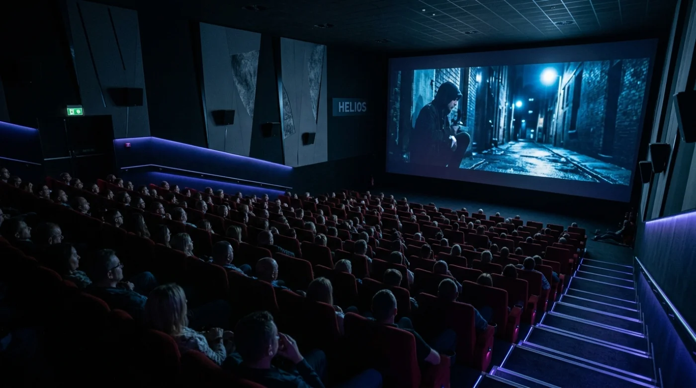 Wnętrze nowoczesnej sali kinowej podczas seansu filmowego z projekcją na ekranie