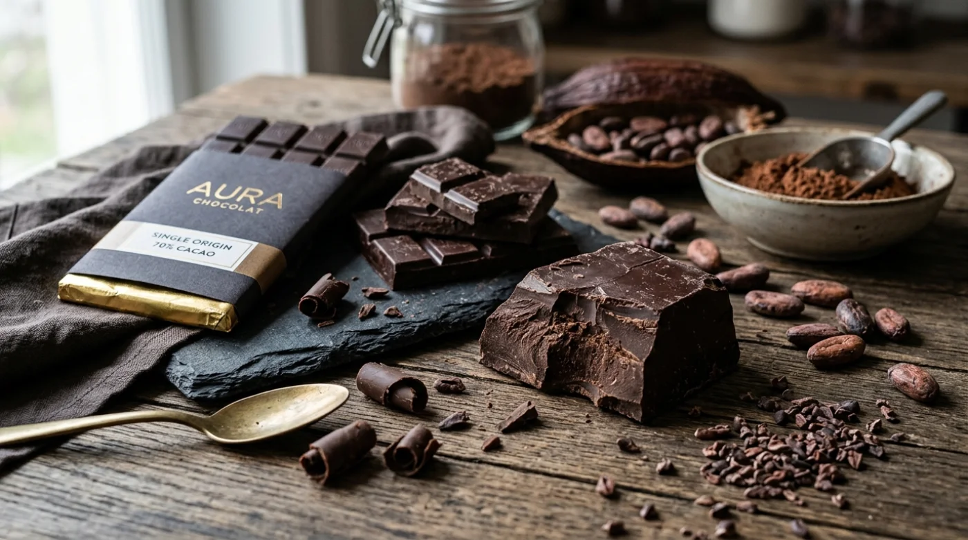 Bliskie ujęcie deserowej, ciemnej czekolady oraz składników: kakao w proszku, ziarna kakaowca i baton czekoladowy marki Aura Chocolat na rustykalnym drewnie
