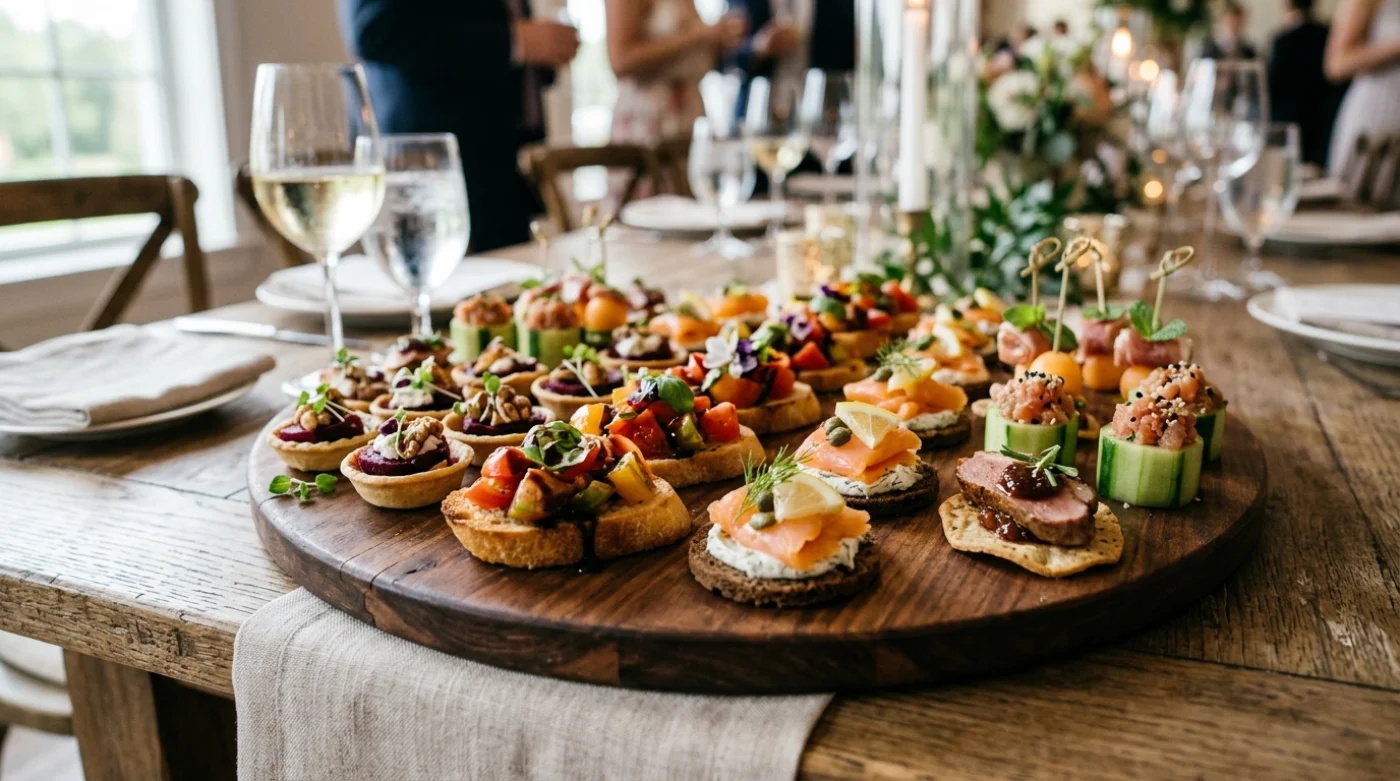 Bogaty zestaw przekąsek i małych dania na desce, idealny na przyjęcie lub brunch. Widoczne są różne rodzaje kanapek, mini-wrapsów oraz świeże składniki.