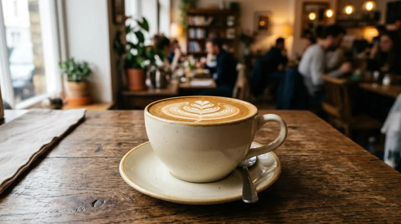 Zbliżenie na filiżankę gorącego cappuccino z białą pianką i artystycznym wzorem latte art, ustawioną na drewnianym stole w kawiarni.