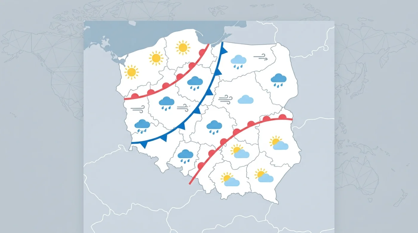 Mapa Polski z prognozą pogody na najbliższe dni, pokazująca różne warunki atmosferyczne w różnych regionach kraju.