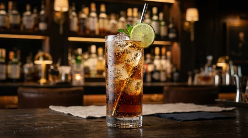 Szklanka z orzeźliwym drinkiem na bazie coli, wypełniona kostkami lodu i gałązkami mięty, ustawiona na ciemnym blacie barowym.