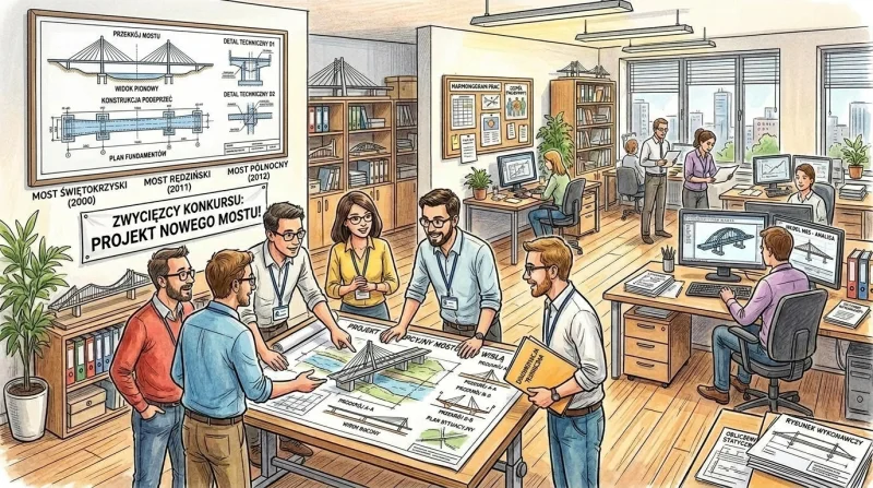 Ilustracja przedstawiająca biuro projektowe zajmujące się budową mostów i dróg, z pracownikami analizującymi plany architektoniczne.
