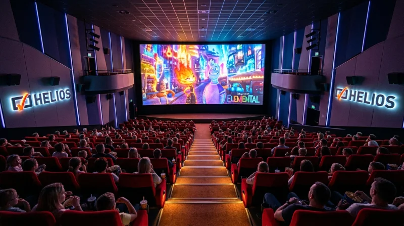 Wnętrze nowoczesnej sali kinowej Helios podczas seansu filmu animowanego „Elemental”, z widokiem na ekran i rzędy foteli.