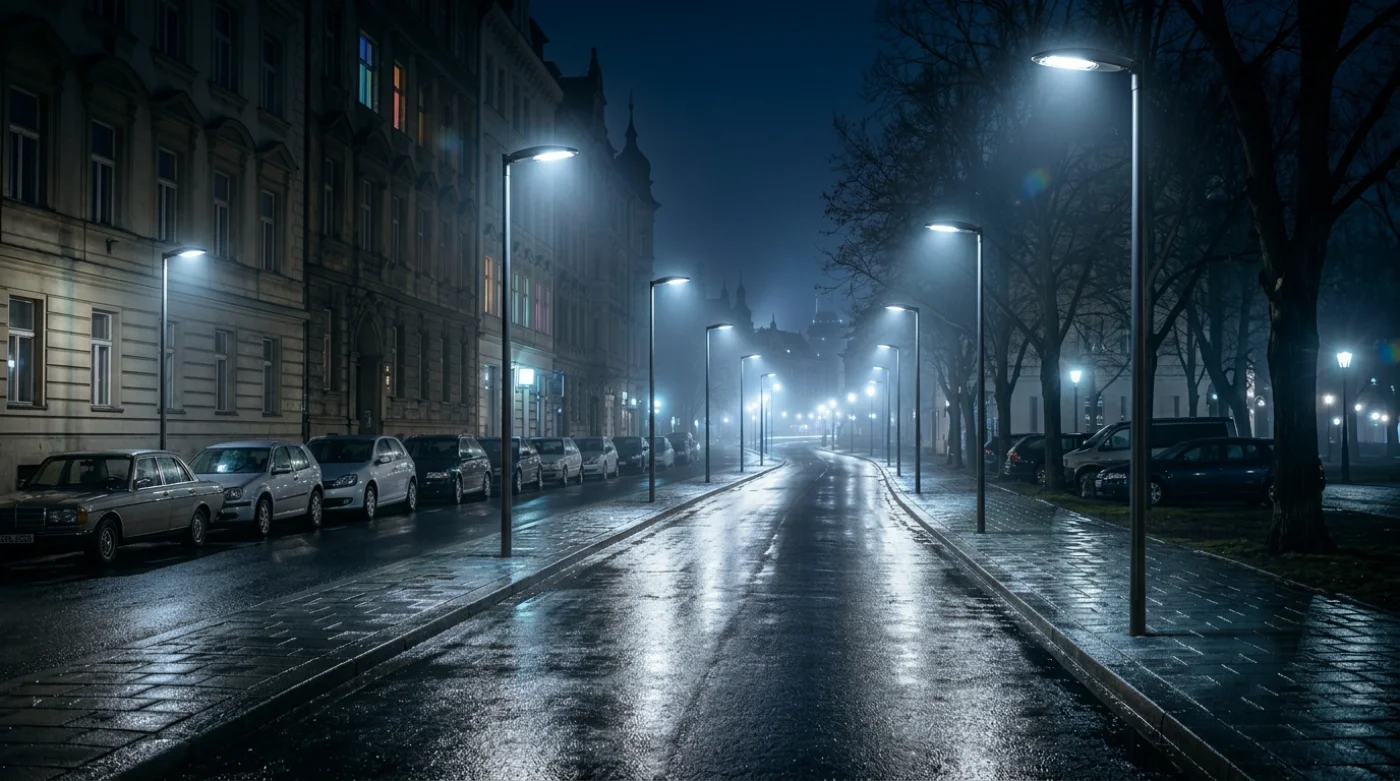 Widok na mokrą, oświetloną latarniami ulicę miejską w nocy. Po obu stronach jezdni widoczne są budynki i drzewa