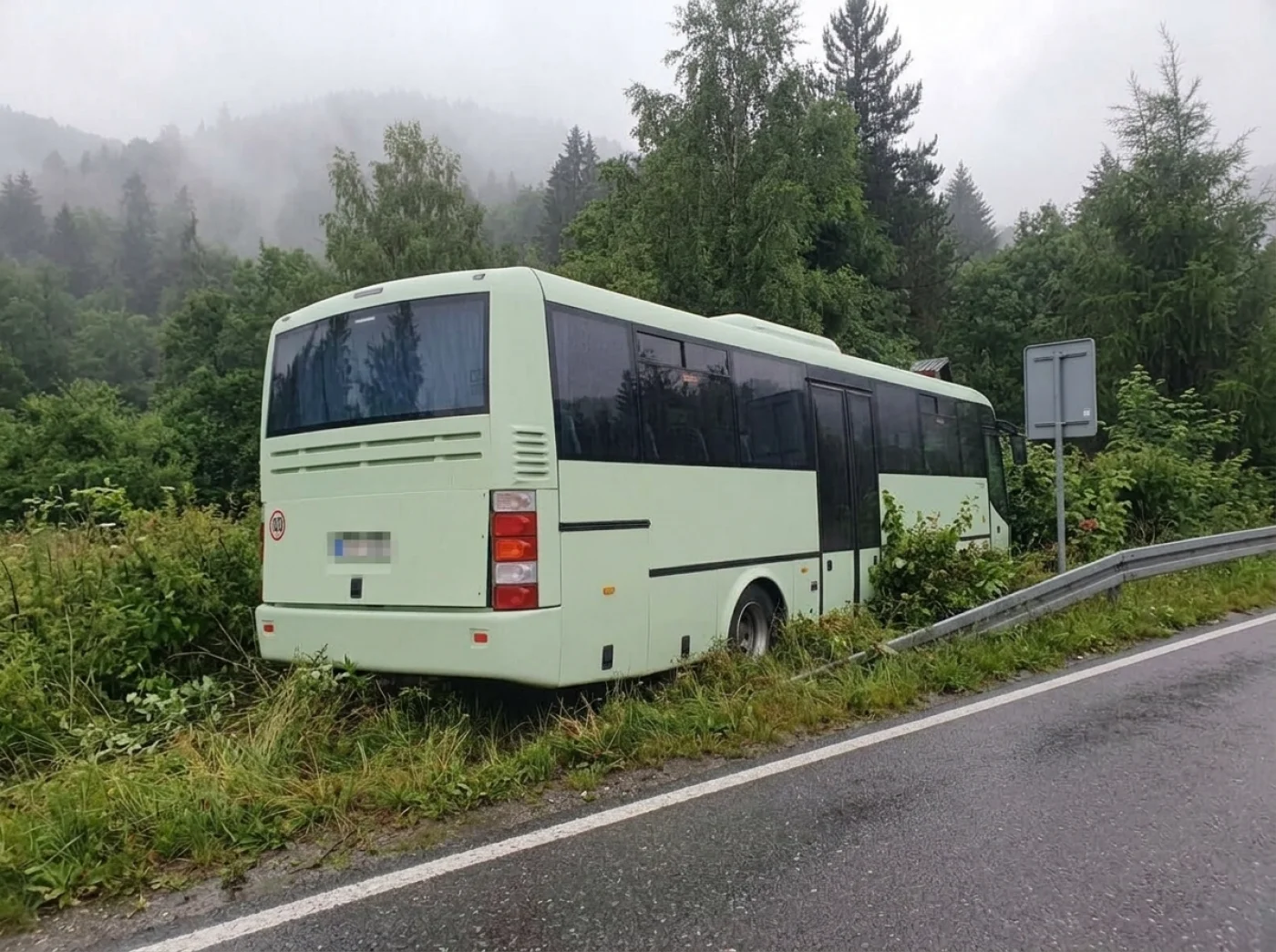 Duży autokar pasażerski zatrzymany na poboczu drogi, blisko kęp zieleni i drzew. Wydaje się być lekko uszkodzony lub niespodziewanie zaparkowany po wypadku.