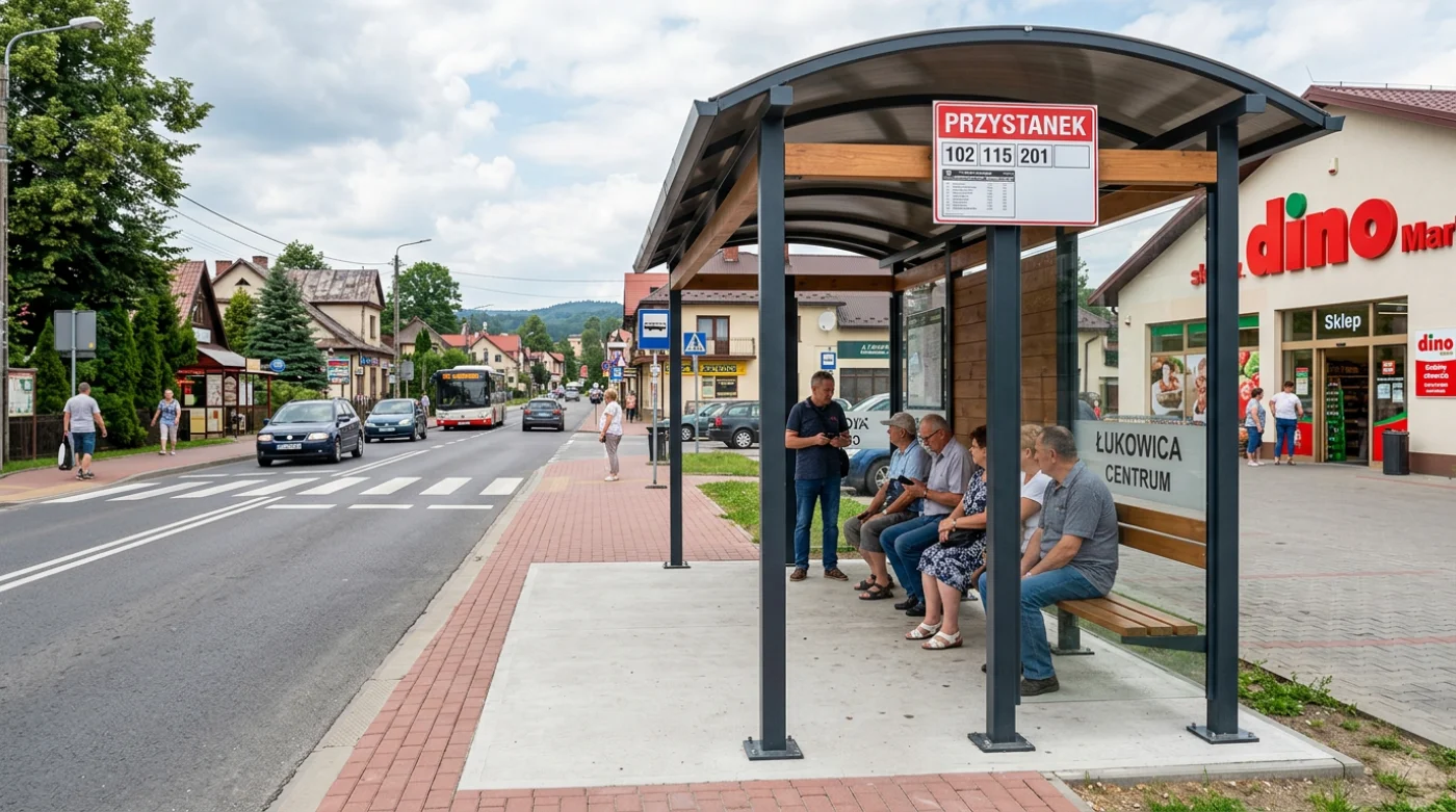Nowoczesna i solidnie wykonana wiata przystankowa na przystanku autobusowym w Łukowicy. Konstrukcja ma charakterystyczny, nowoczesny design z drewnianymi elementami oraz metalową oprawą, zapewniając pełną ochronę przed warunkami a
