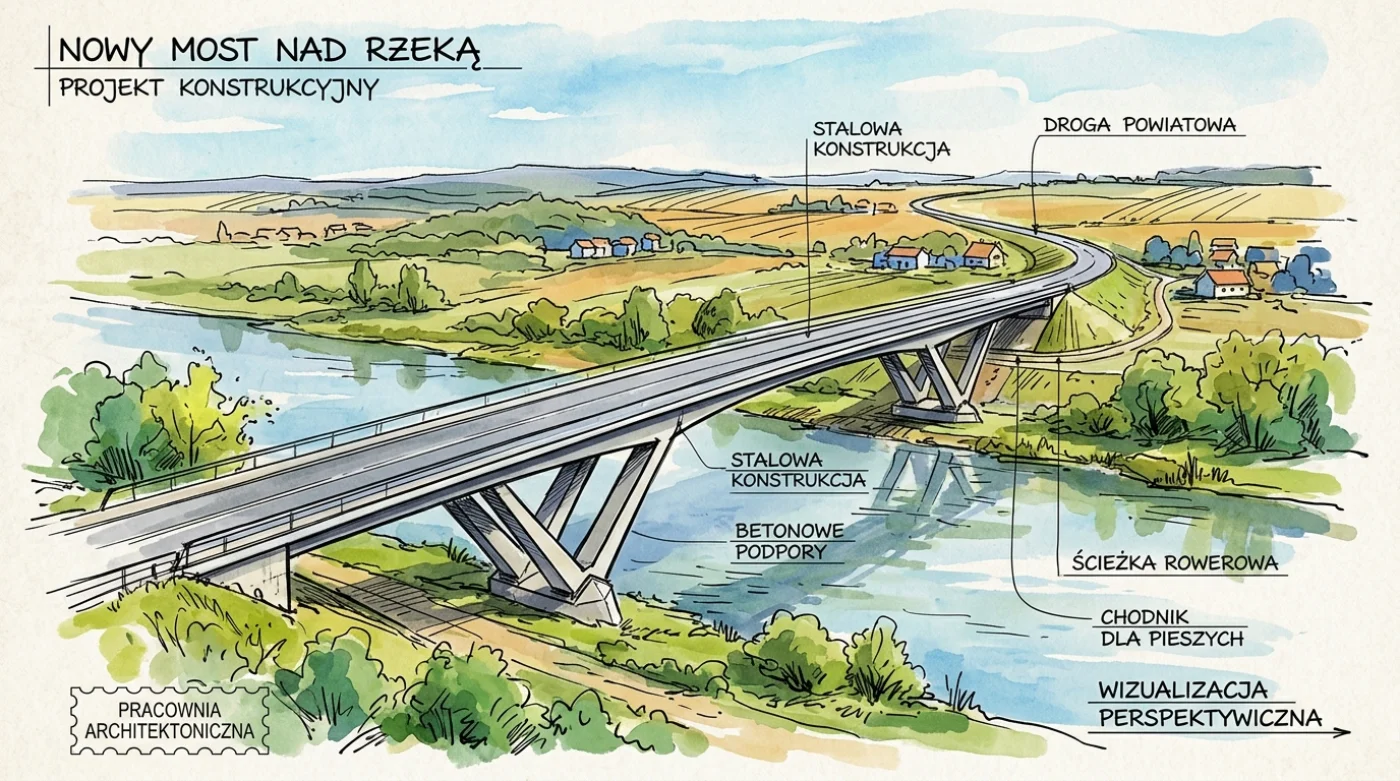 Szkic nowego, nowoczesnego mostu stalowego nad rzeką z widokiem na okoliczne zabudowania i tereny zielone.