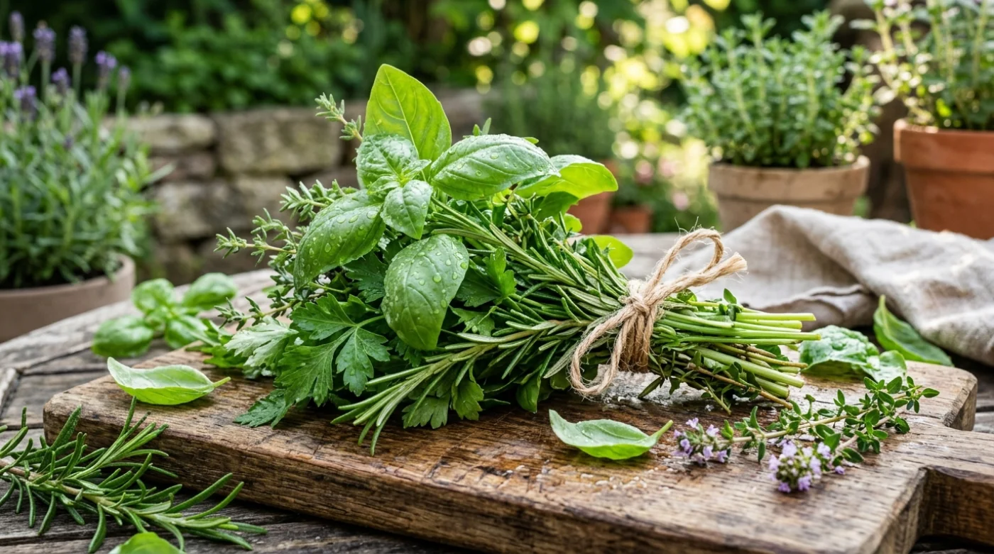 Świeży kosz z różnorodnymi ziołami na drewnianej desce, idealny do gotowania i aromaterapii.