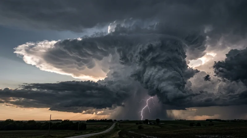 Potężna chmura burzowa typu cumulonimbus z widocznym piorunem rozświetlającym ciemne niebo nad polem.