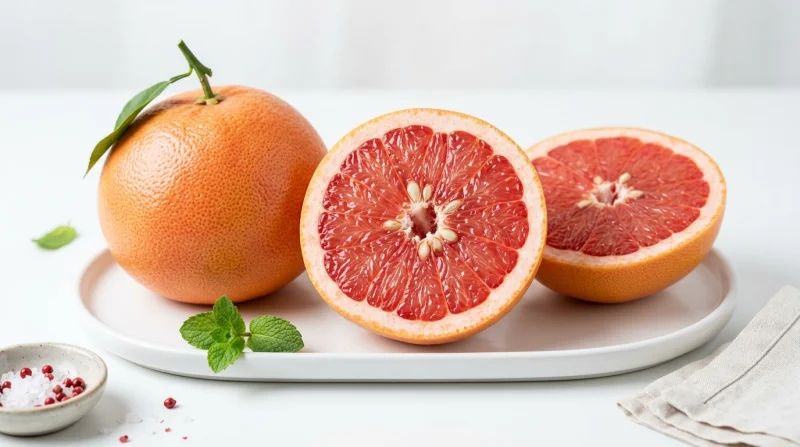 Świeżo przekrojone plasterki pomarańczowego grejpfruta i całe owoce na białej tacy z listkami mięty.