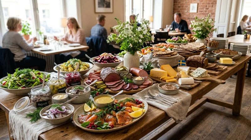 Bogaty stół w stylu szwedzkim z różnorodnymi przekąskami, obejmujący deski serów, wędlin, świeże sałatki i małe dania