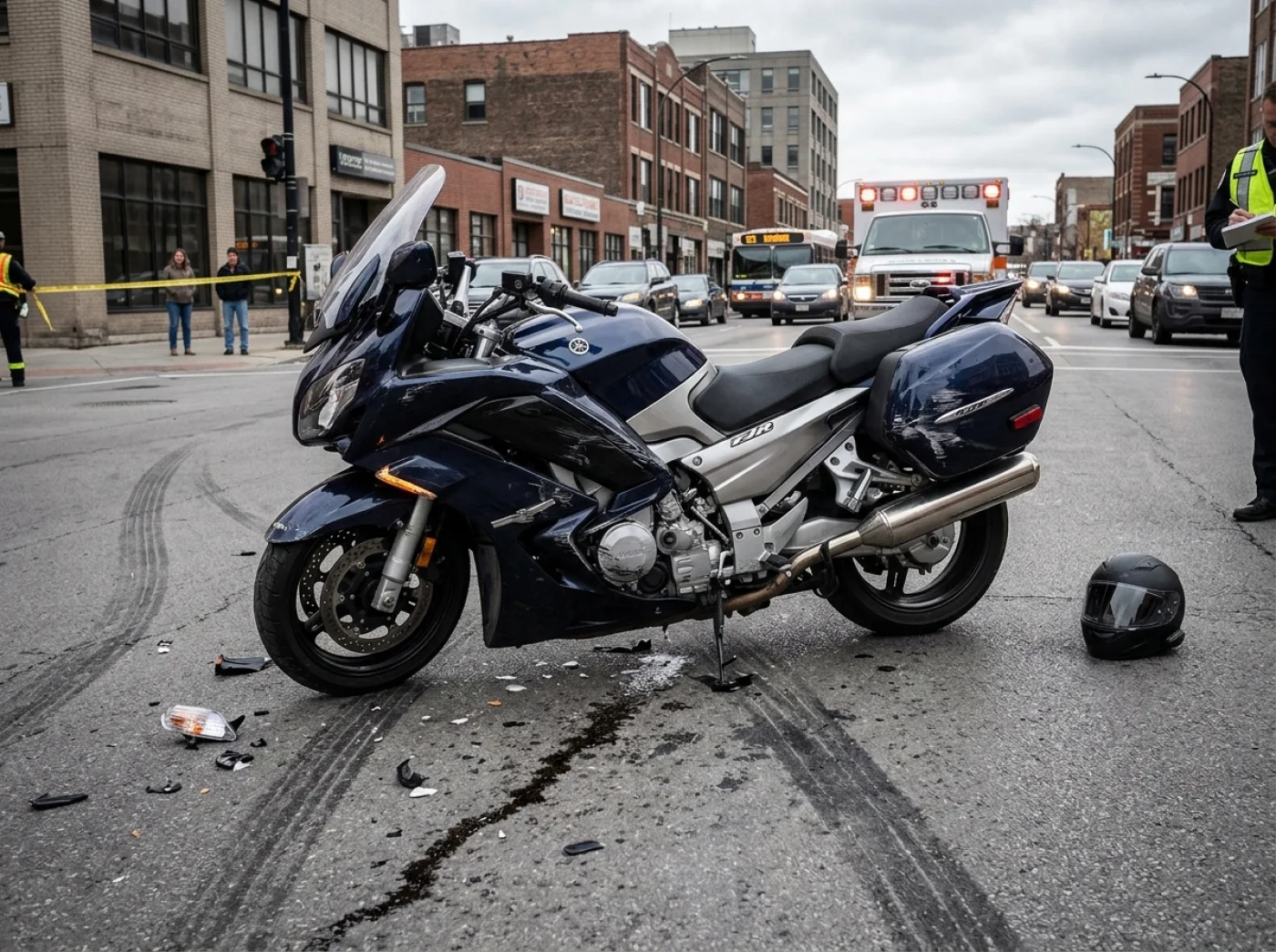 Scena wypadku z udziałem motocykla i samochodu. Motocykl leży przewrócony na asfalcie, a w tle widoczne są taśmy policyjne oraz budynki miejskie.