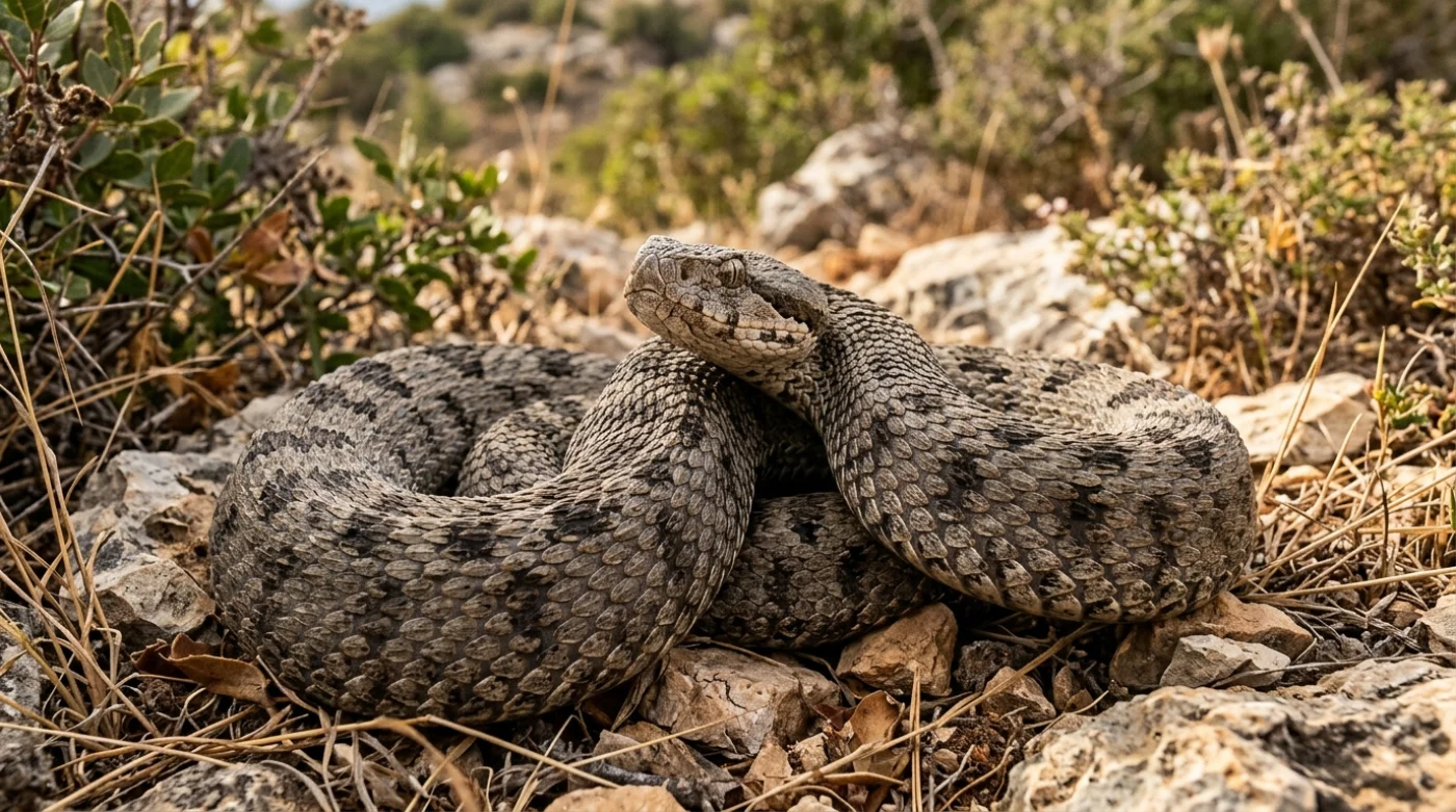 Zbliżenie na zmiję lewantyńską (Macrovipera lebetina) ukazujące jej szary, łuskowaty wzór kamuflażowy w naturalnym środowisku.