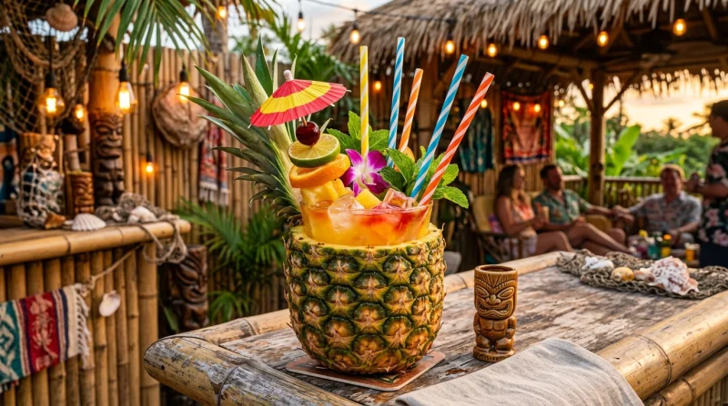 Kolorowy drink w ananasie na drewnianym stole w stylu tropikalnym