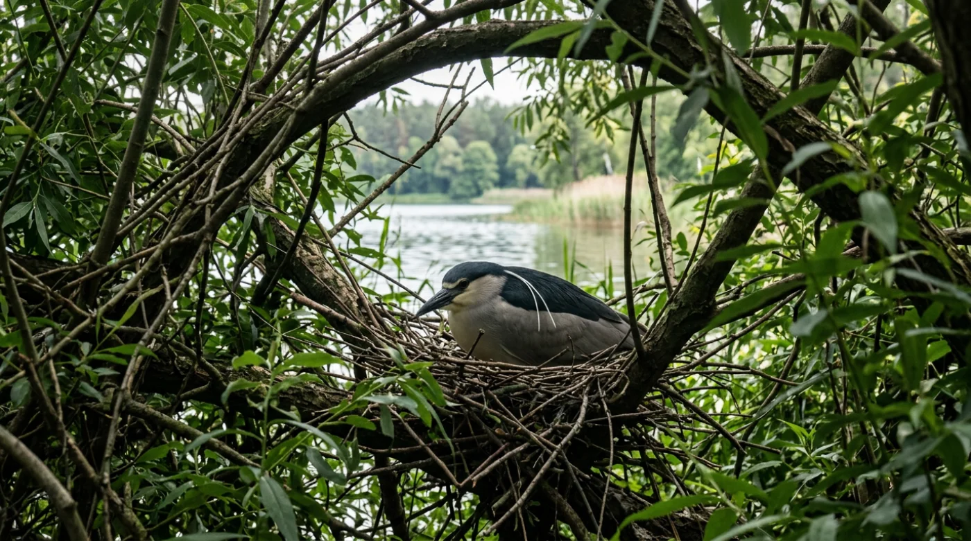 Ślepowron na gnieździe w zaroślach – rzadki ptak wodny