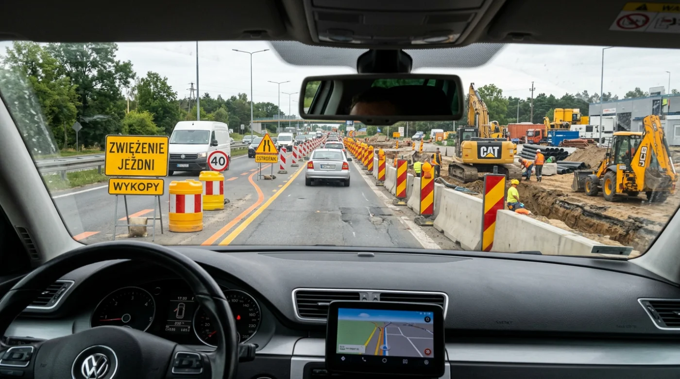 Widok z wnętrza samochodu na zwężoną jezdnię w trakcie prac remontowych. Na drodze widoczne są nowe pasy ruchu wyznaczone żółtymi i czarnymi liniami, barierki ochronne oraz maszyny budowlane (np. koparka CAT) wskazujące na trwając