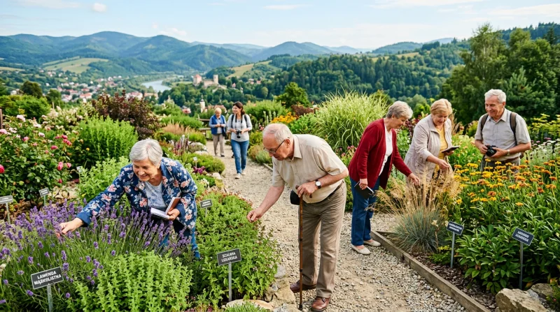 Seniorzy spacerują po ogrodesensorycznych z różnorodnymi roślinami; w tle widok na zielone wzgórza Muszyny.