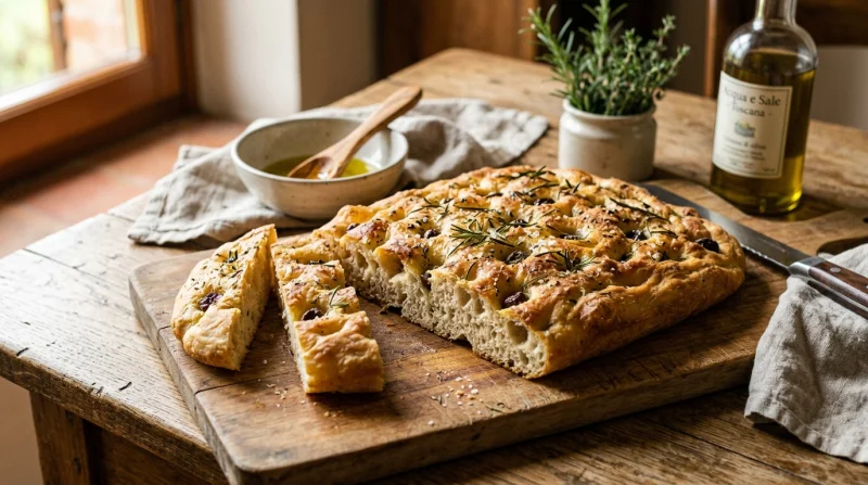 Aromatyczna focaccia z ziołami i oliwą na drewnianej desce