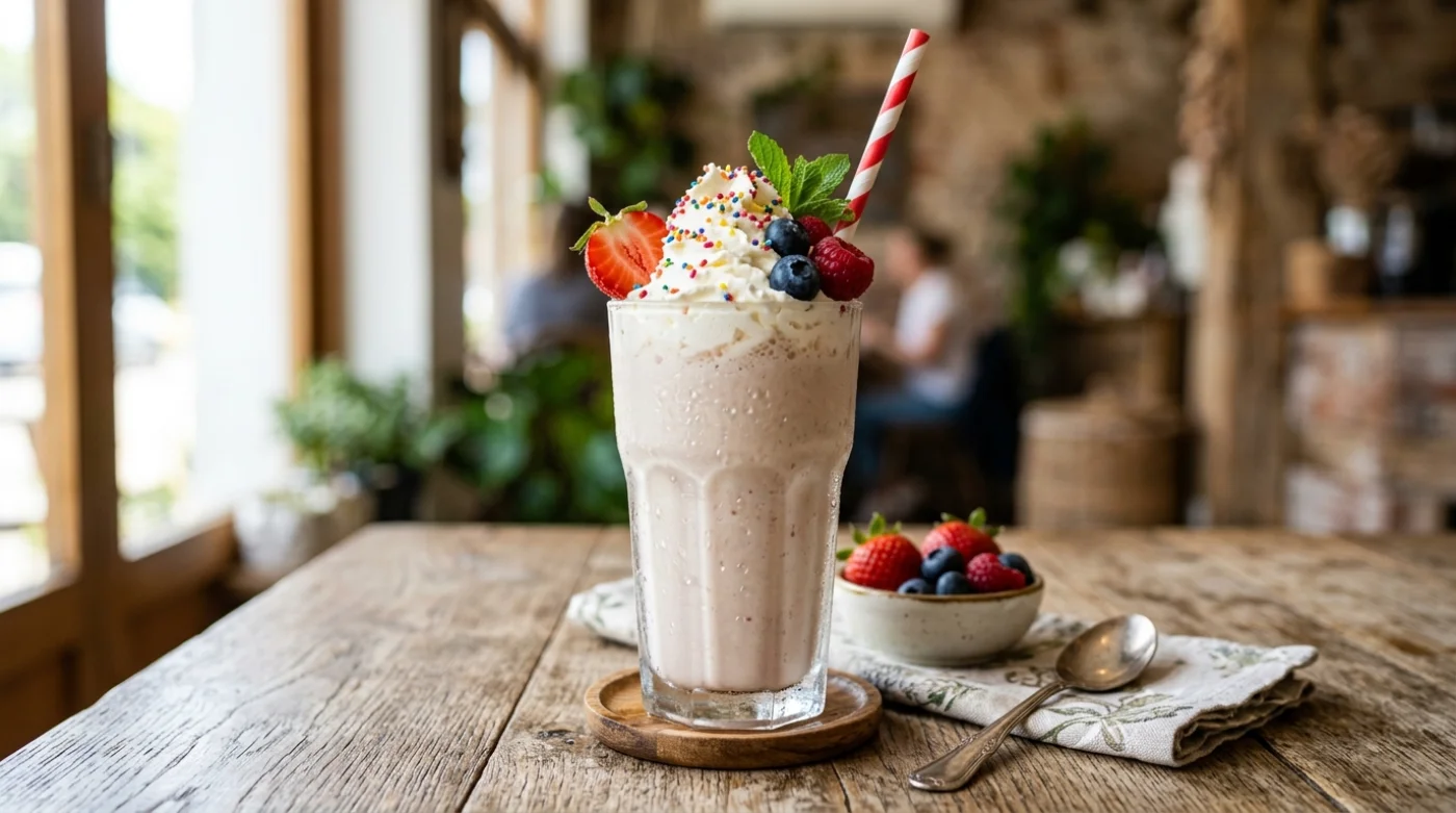 Zdjęcie kremowego shake'a z dodatkami owocowymi na drewnianym stole.