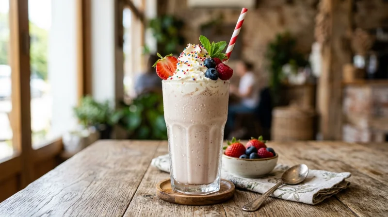 Zdjęcie kremowego shake'a z dodatkami owocowymi na drewnianym stole.